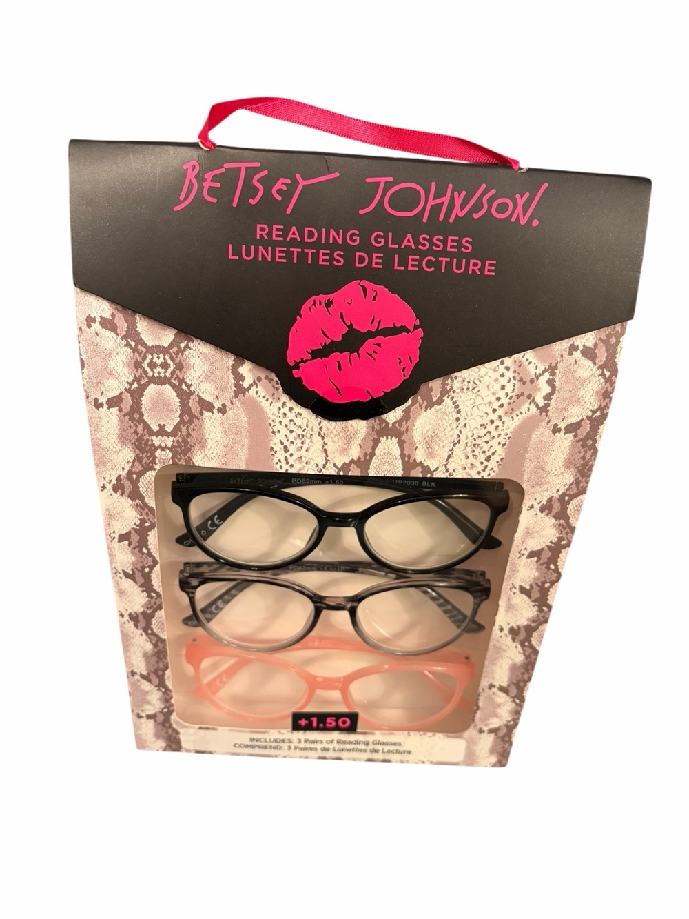 Betsey Johnson 3 Pairs Reading Glasses Readers Black Gray Pink +1.5